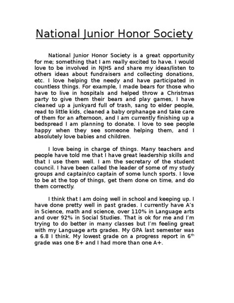 junior honor society essay examples